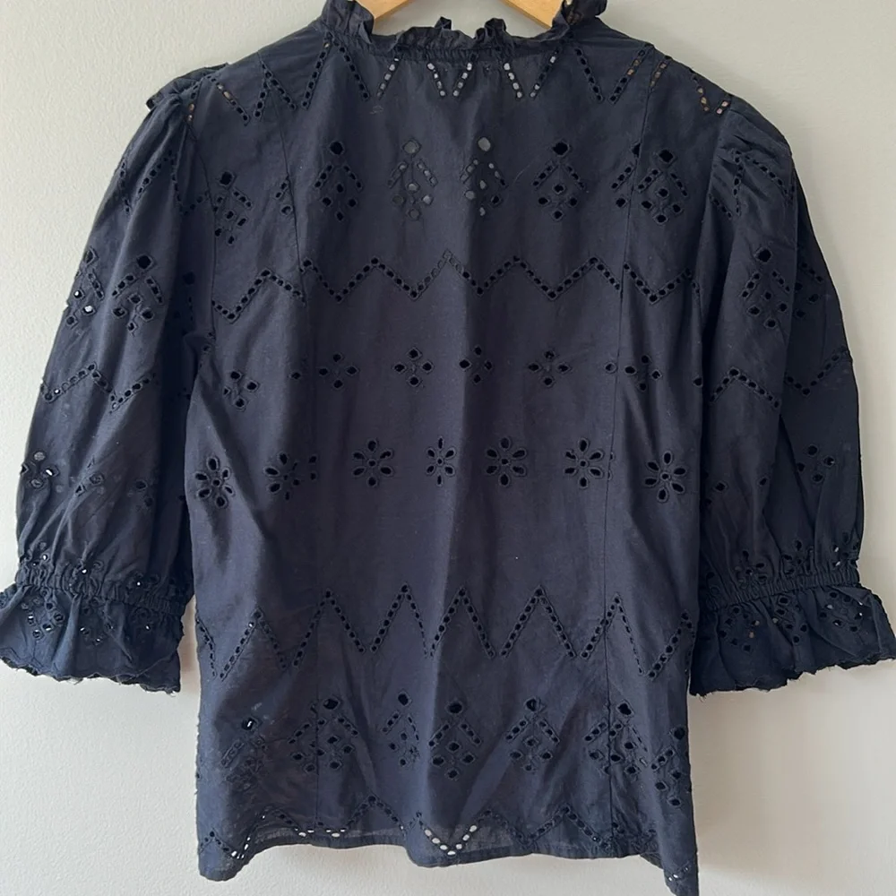 Rebellion Black Eyelet Puff Sleeve Button Front Top - Picture 7 of 8